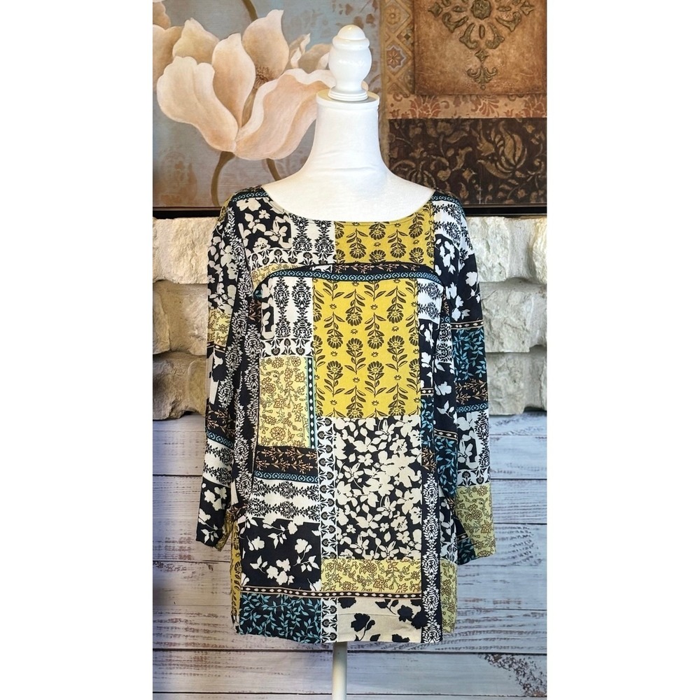 J. Jill Mixed Patchwork Floral Print Rayon Blouse Mustard Black Relaxed Medium